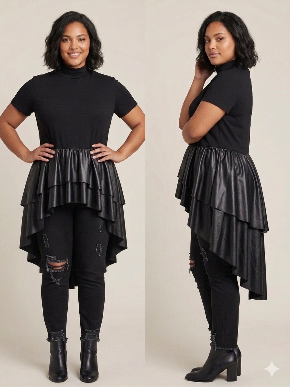 Plus Size Mock Neck High-Low Faux Leather Peplum Ruffle Top – Size 1X